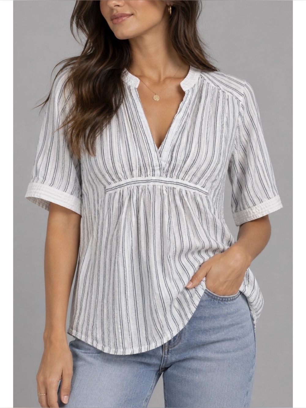 KATIES • White/Blue Striped Cotton V-Neck Empire Waist Blouse Top, 10